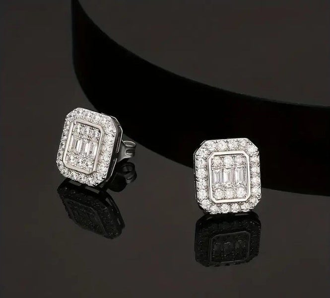 Men's Iced Out Baguette Rectangle Earrings in Polished Silver Carousel 2