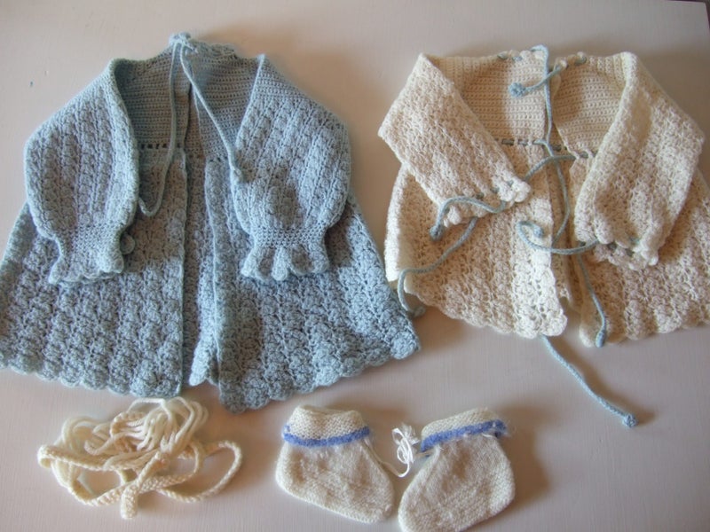 Two lovely, Vintage, Babies Hand Knitted Matinee Jackets and bootees Carousel 1