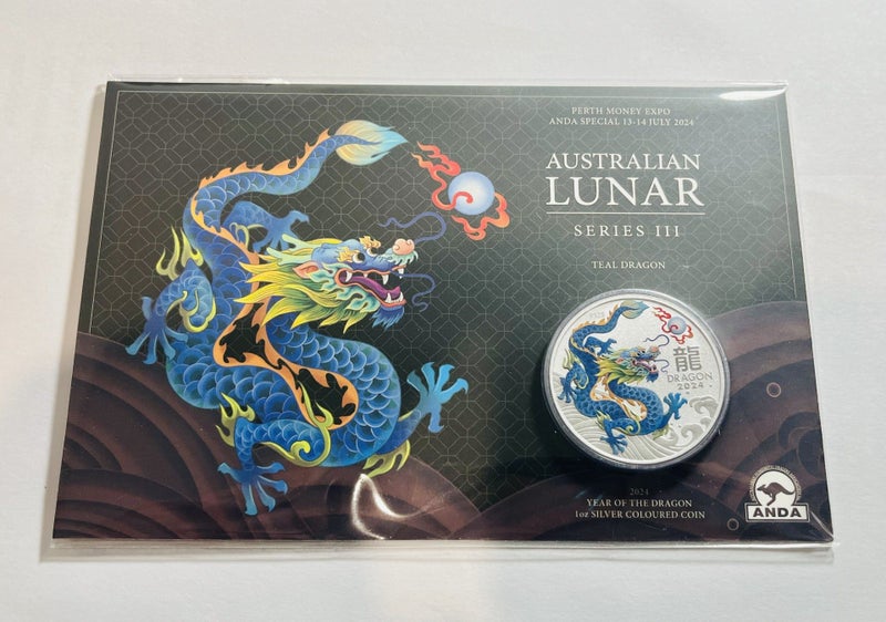 2024 1oz Australia Lunar S3 - Year of Teal Dragon .9999 Ag Coloured Coin In Card Carousel 1