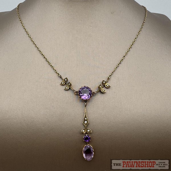 Vintage 9ct Yellow Gold Amethyst & Seed Pearl Necklace Carousel 2