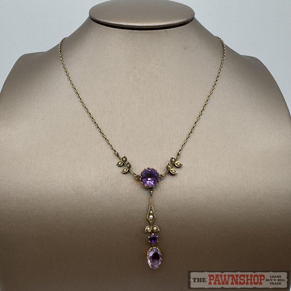 Vintage 9ct Yellow Gold Amethyst & Seed Pearl Necklace Carousel 1