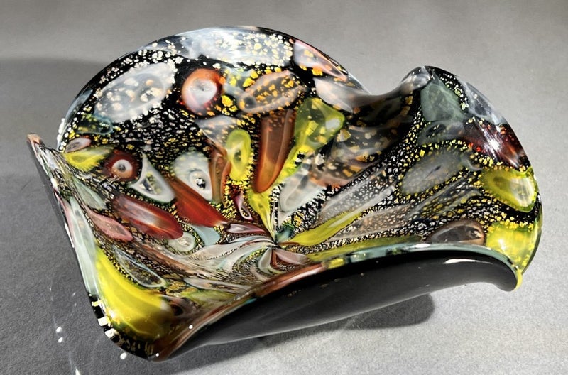 Mid Century Murano tutti-frutti art glass dish with original label Carousel 1