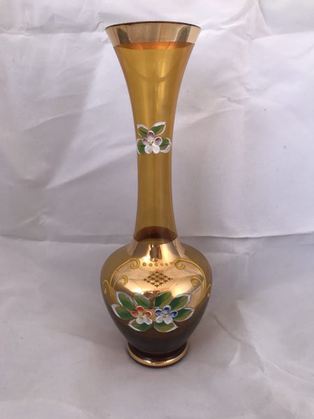 $1 NR! Delicate venetian amber glass vase handpainted 73/4 Carousel 1