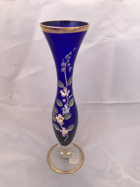 $1 NR! Sweet cobalt blue venetian glass vase handpainted 75/4 Carousel 1