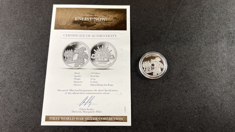 Australian "Enlist Now!" Proof-Like Silver Coin with COA - Lot Q348 Carousel 1