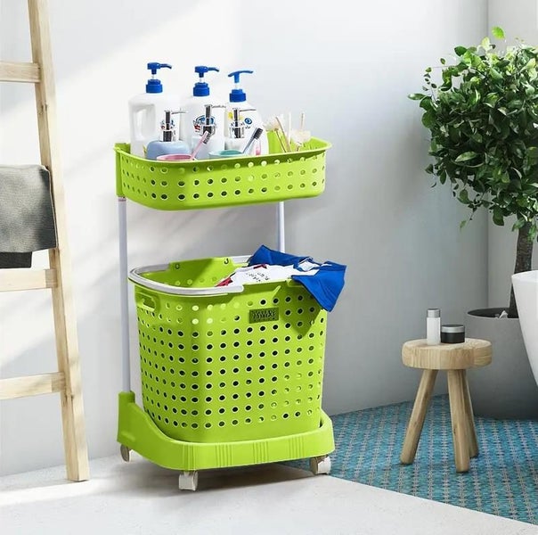 2 Tier Bathroom Laundry Clothes Baskets Bin Hamper Mobile Rack Removable Shelf Carousel 3