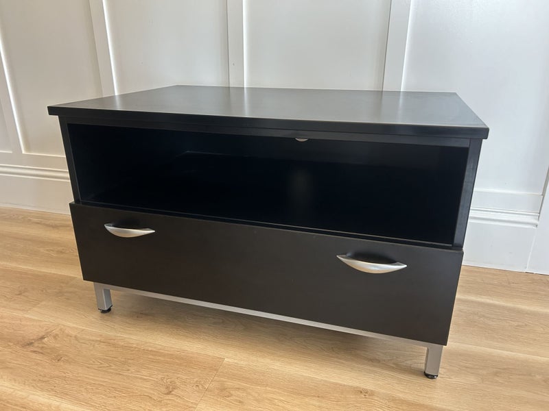 Black entertainment unit / Fish tank stand base on metal legs with large drawer Carousel 7