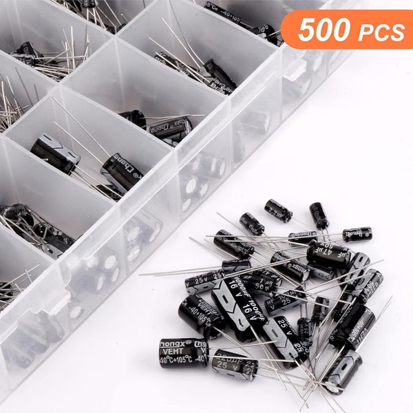24Value 500pcs Electrolytic Capacitor Assortment Box Kit Range 0.1uF-1000uF64264502246146114