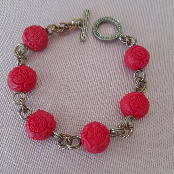 BEAUTIFUL VINTAGE CINNABAR BEAD BRACELET with Secure Hardware (MC) Carousel 2