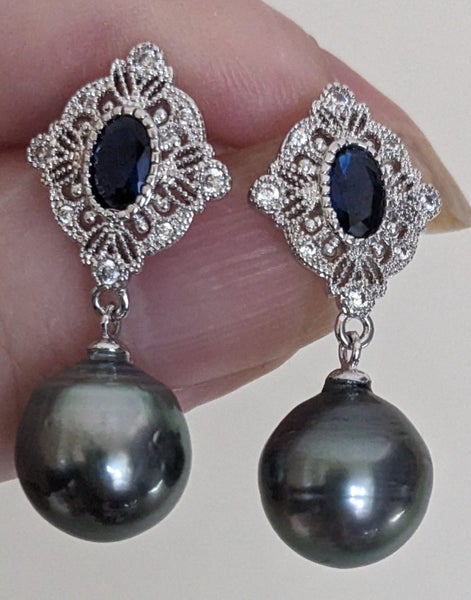 11 x 11.5mm Tahitian Pearl Earrings c/- Blue & White Crystals Carousel 1