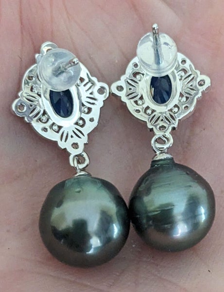 11 x 11.5mm Tahitian Pearl Earrings c/- Blue & White Crystals Carousel 2
