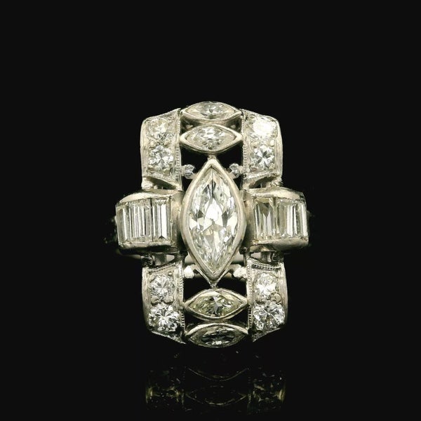 Antique Art Deco Platinum1.30ctw Marquise and Baguette Diamond Dinner Ring Carousel 1