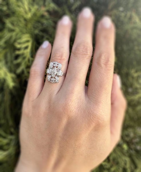 Antique Art Deco Platinum1.30ctw Marquise and Baguette Diamond Dinner Ring Carousel 8