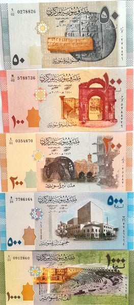 SYRIA 2013 -21 set of 5 banknotes. 50, 100, 200, 500, 100 Syrian Pounds UNC Carousel 2