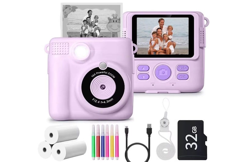 Instant Print Camera for Kids Zero Ink Print Photo Camera with 32G TF Card-Purpl Carousel 1