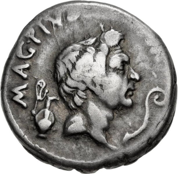 The Pompeians Sextus Pompey AR Silver Denarius 37 - 36 BC. RSC 17 Carousel 1