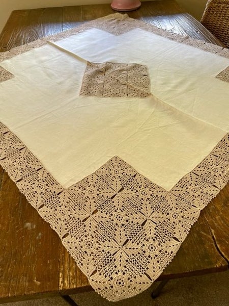 A FAB handworked vintage linen tablecloth - inserts & a deep crocheted edging Carousel 1