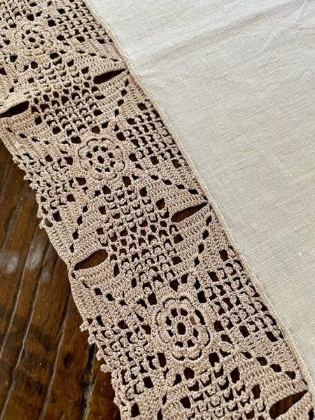 A FAB handworked vintage linen tablecloth - inserts & a deep crocheted edging Carousel 2