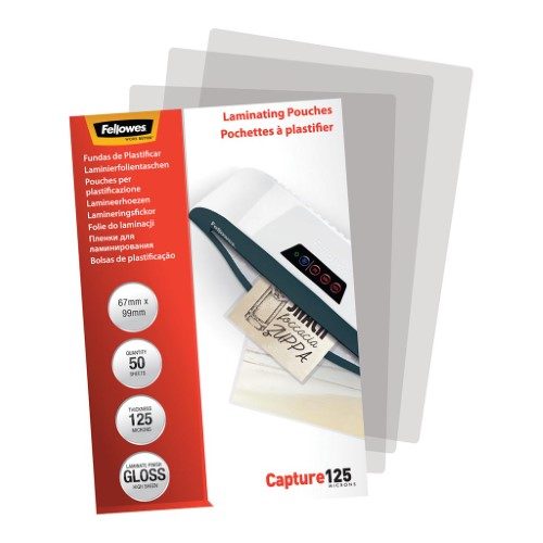 Fellowes Laminating Pouches 67x99mm 125 Micron Pack 50 Carousel 1