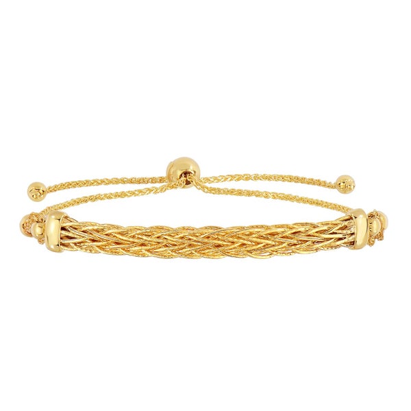 14K Yellow Gold Diamond Cut Round Wheat Adjustable Bracelet With Arched Weave... Carousel 1