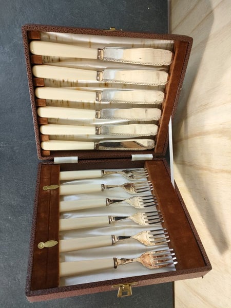 Bone handled knife and fork set in box Carousel 1