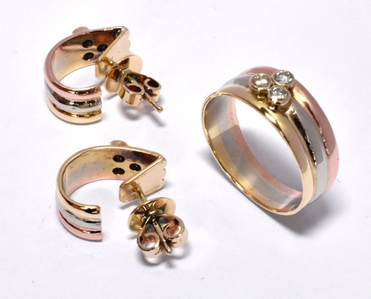 $6,700 14ct Tri-Tone Diamond Dress Ring & Earring Set - 169995 Carousel 1