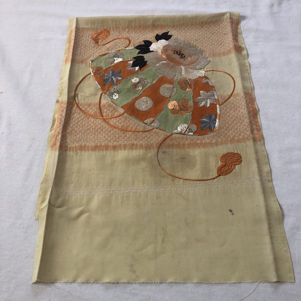 Vintage Japanese Embroidered Silk Panel Fabric Piece Hand Dyed Shibori Carousel 18