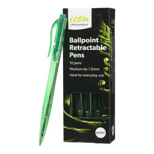 Icon Ballpoint Retractable Pens Medium Green Pack 10 Carousel 1