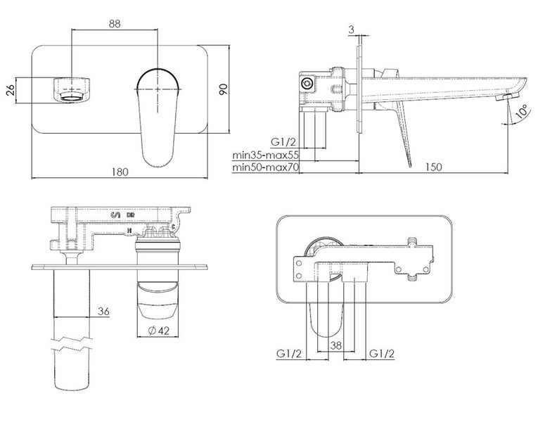 UP CITY WALL BATH/BASIN MIXER (150MM SPOUT) BLACK62971018749059111
