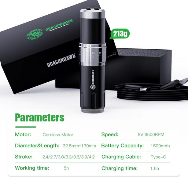 Dragonhawk Wireless Tattoo Pen Machine with 7 Stroke Lengths Fold 3 (2 Battery) Carousel 2