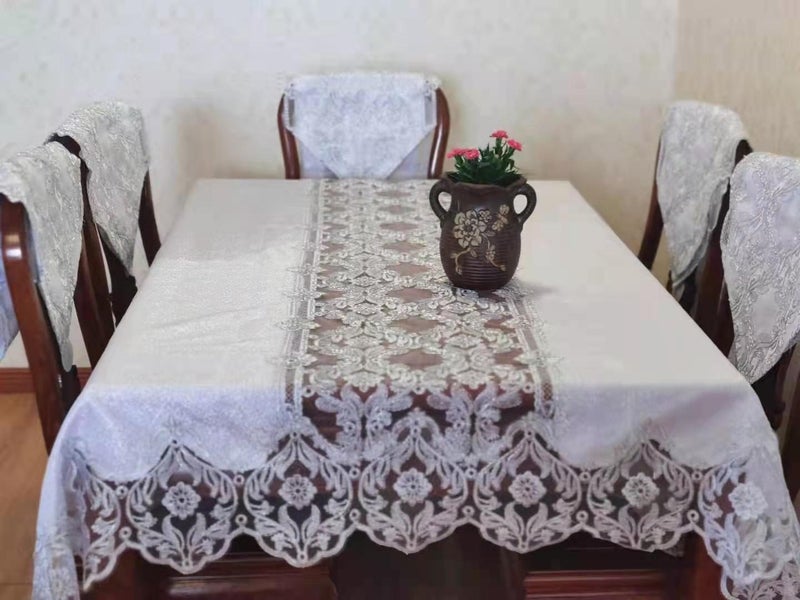 Tablecloth White color with silver lace @ 160cm x 240cm Carousel 1
