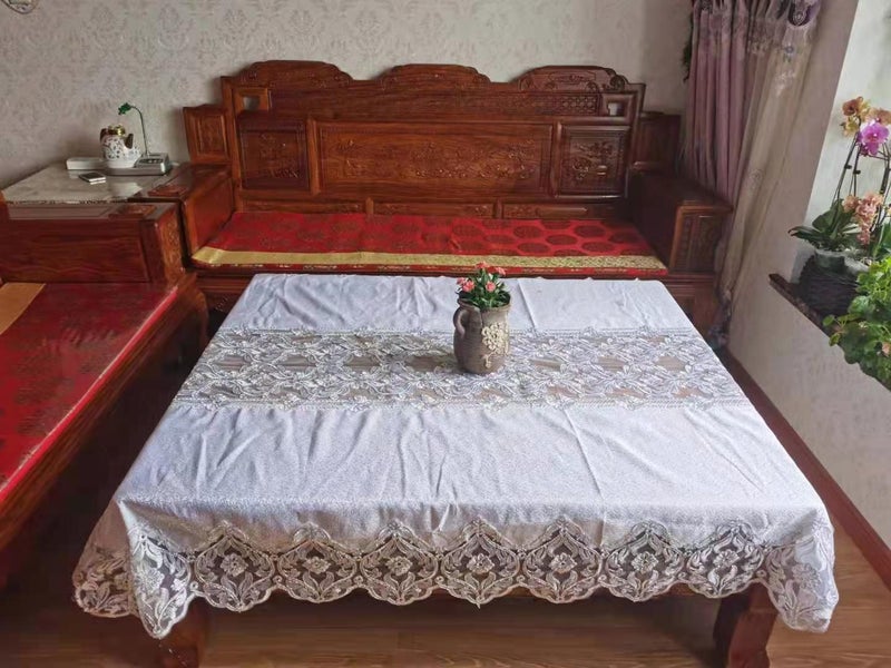 Tablecloth White color with silver lace @ 160cm x 240cm Carousel 2