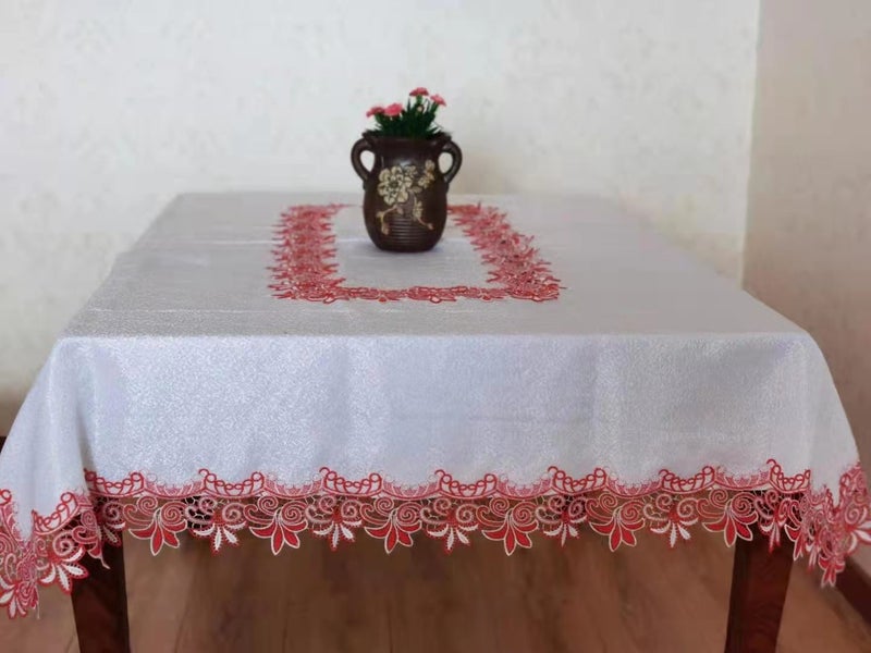 Table cloth white with red lace 160cm x 240cm Carousel 1