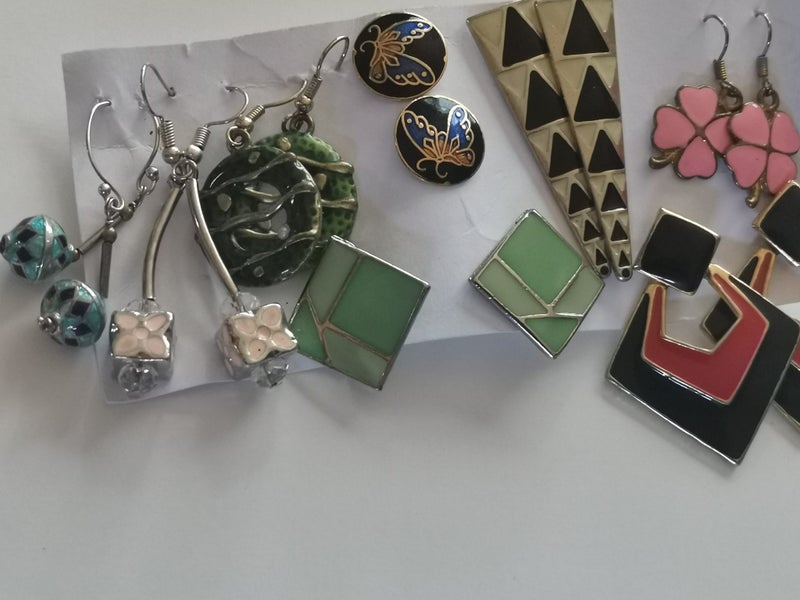 cloisonne earrings aet deco green blue pink hook clover Carousel 1