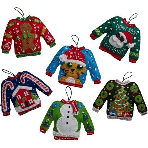 Bucilla Felt Ornaments Applique Kit Set Of 6 - Ugly Sweater Carousel 1