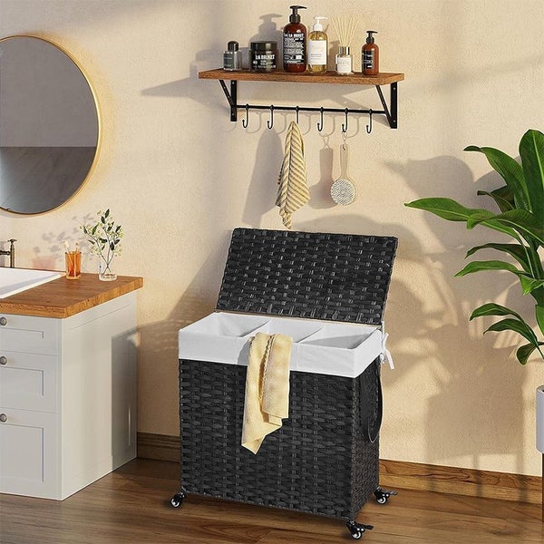 STORFEX 140L Large 3-Partition Laundry Hamper with Wheels and Lid - Black Carousel 2