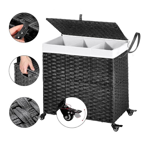 STORFEX 140L Large 3-Partition Laundry Hamper with Wheels and Lid - Black Carousel 5