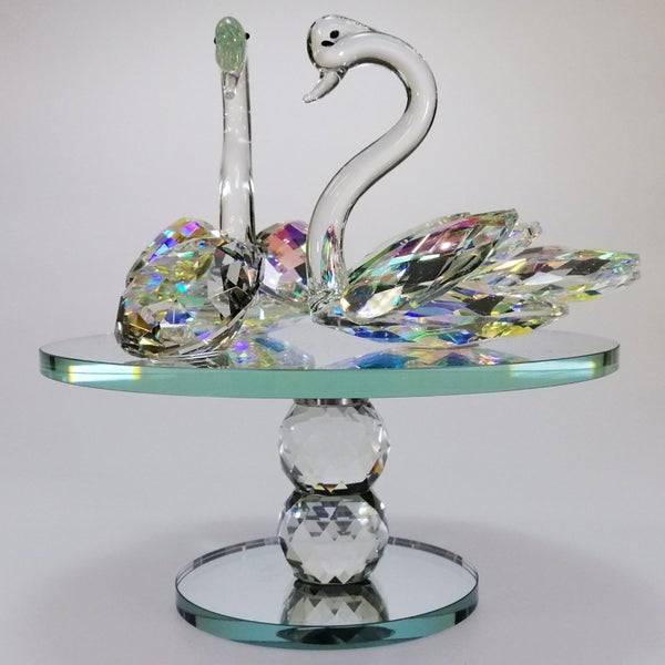 Large Iridescent Cut Glass Swans with Gem on Turnable Mirror Base63613508993410113