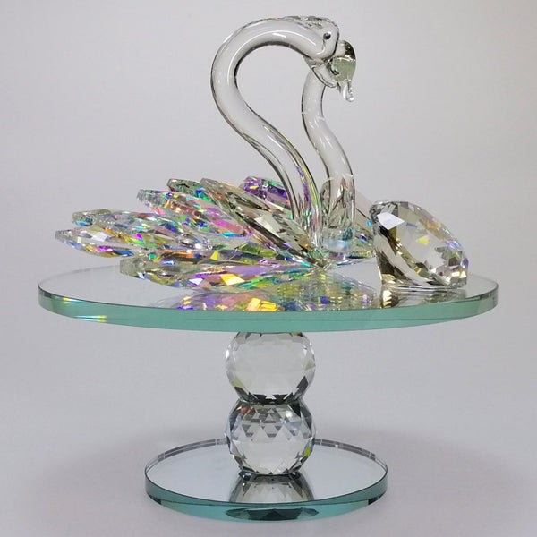 Large Iridescent Cut Glass Swans with Gem on Turnable Mirror Base63613508993410114