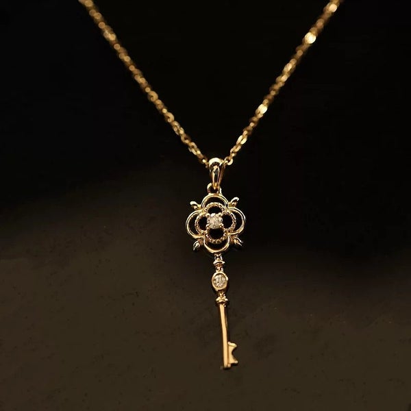 Real Gold Plated Sterling Silver 925 Vintage Style KEY Cubic Zirconia Necklace Carousel 1