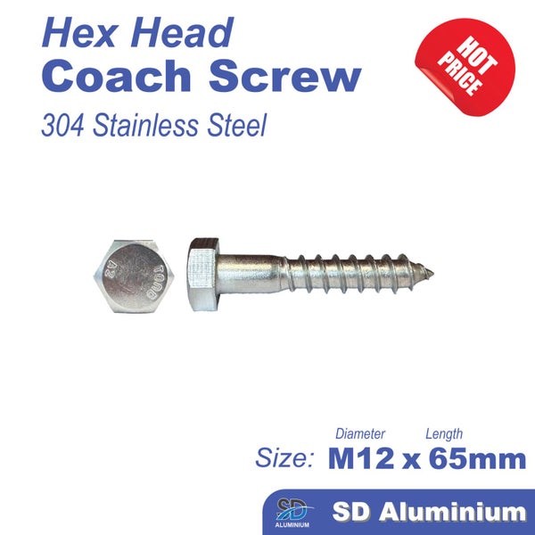 Hex Head Coach Screw - M12 - Range of Sizes Available - SS304 Carousel 1