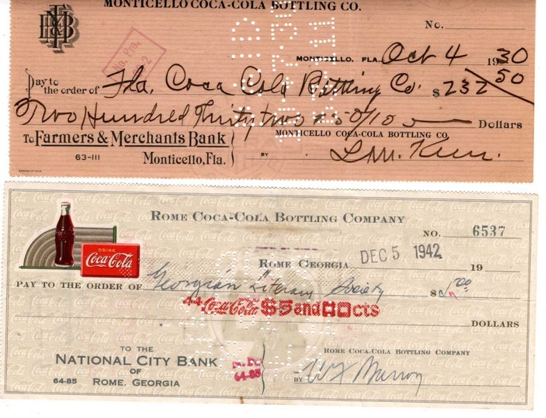 COLLECTORS COCA COLA CHEQUES OF 1930 AND 1942 Carousel 1