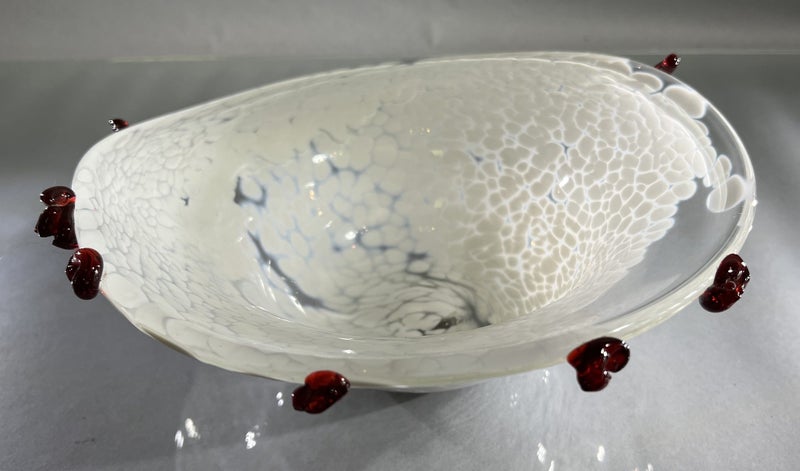 Vintage Art Glass Bowl with Applied Red Glass Accents Carousel 1