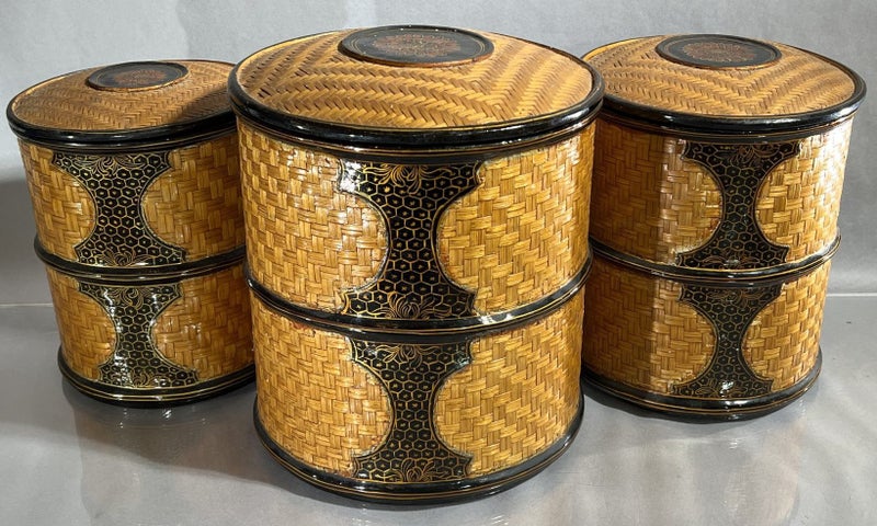 Beautifully Woven Mid-Century Lacquered Nesting Rattan Basket Set Carousel 1