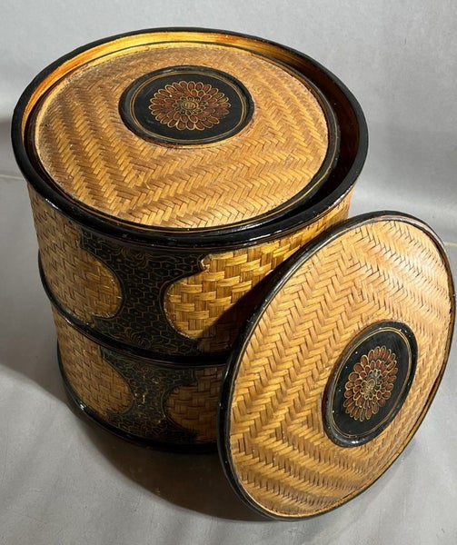 Beautifully Woven Mid-Century Lacquered Nesting Rattan Basket Set Carousel 2