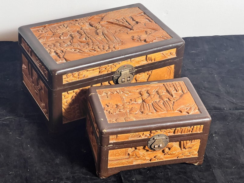 Pair of Intricately Carved Oriental Camphor Wood Miniature Chests Carousel 1