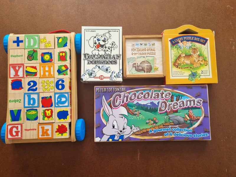 Kids learning material set (wooden blocks, letters, numbers, dominoes, stories) Carousel 1