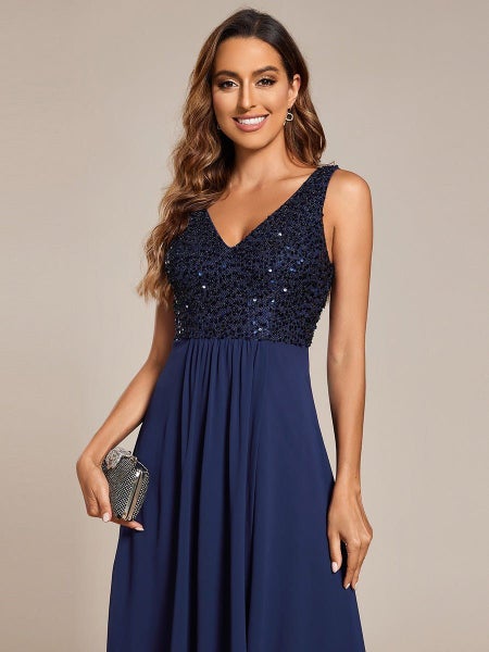 Samanda navy sequin chiffon evening dress Carousel 6