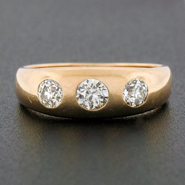 Mens Antique Victorian 14K Gold 0.80ctw European Diamond 3 Stone Gypsy Band Ring Carousel 1