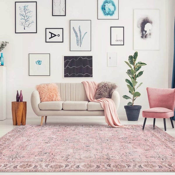 Extra Large Rug Pink Runner Distressed Retro Washable Soft Carpet Carousel 1